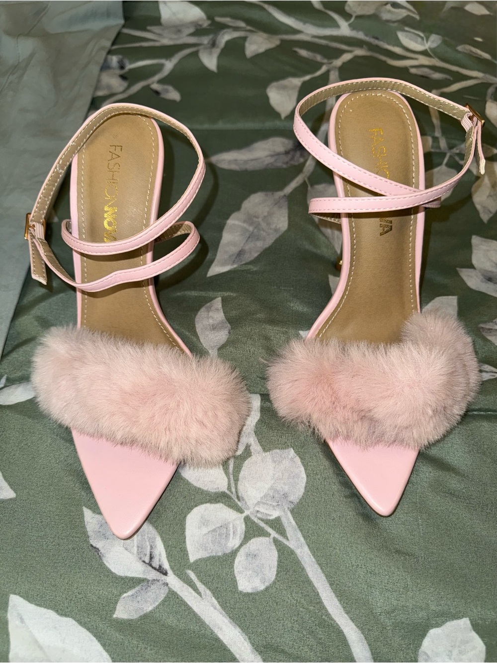 Fashion Nova Blush Pink Pointed Toe Faux Fur Ankle Strap Heels